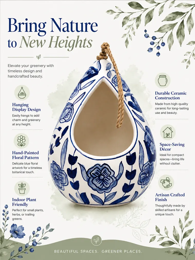 Hanging ceramic planter e-commerce listing design titled Bring Nature to New Heights