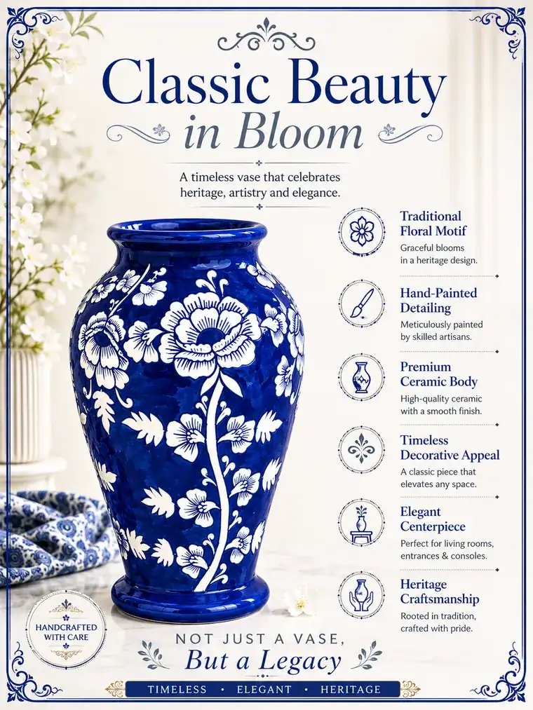Blue and white ceramic vase e-commerce listing design titled Classic Beauty in Bloom