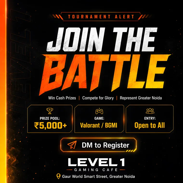 Gaming tournament announcement graphic: Join the Battle, for Level 1 Gaming Cafe