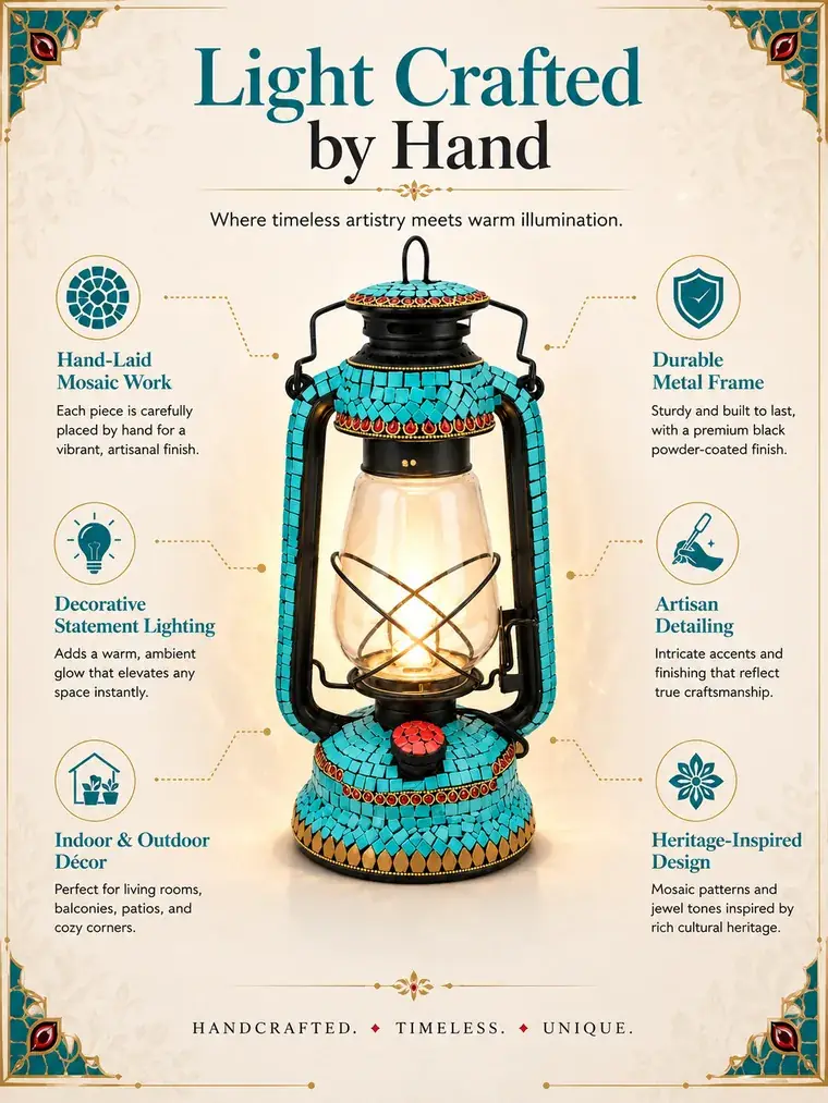Mosaic-tiled lantern e-commerce listing design titled Light Crafted by Hand