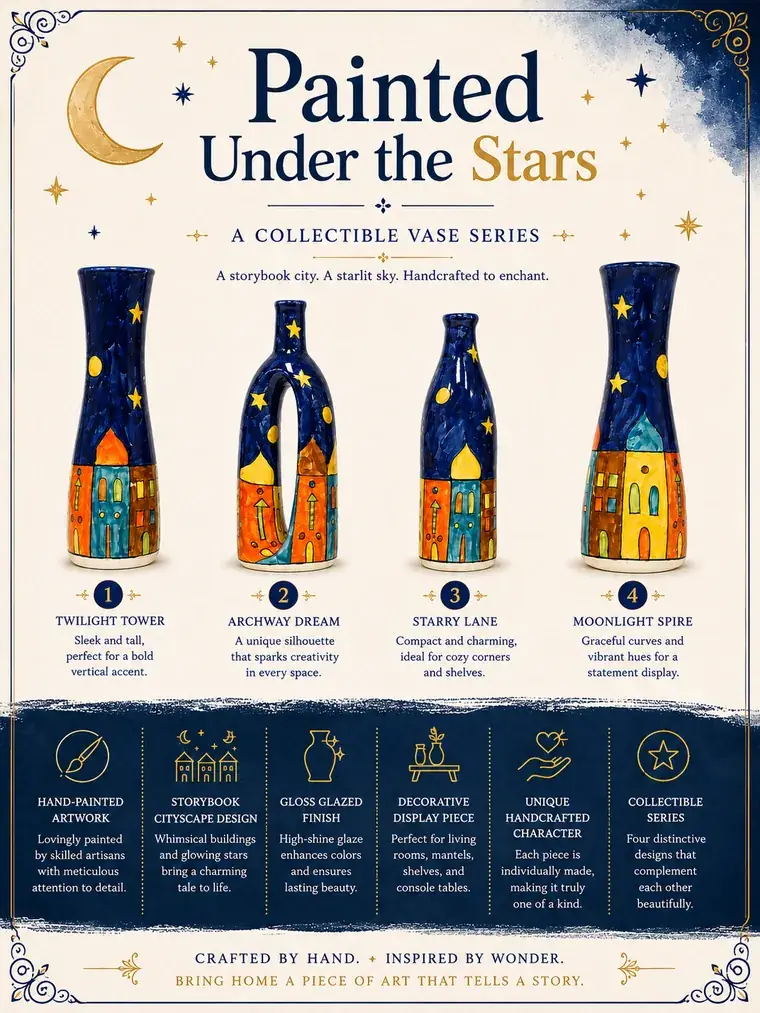 Collectible hand-painted vase series e-commerce listing titled Painted Under the Stars