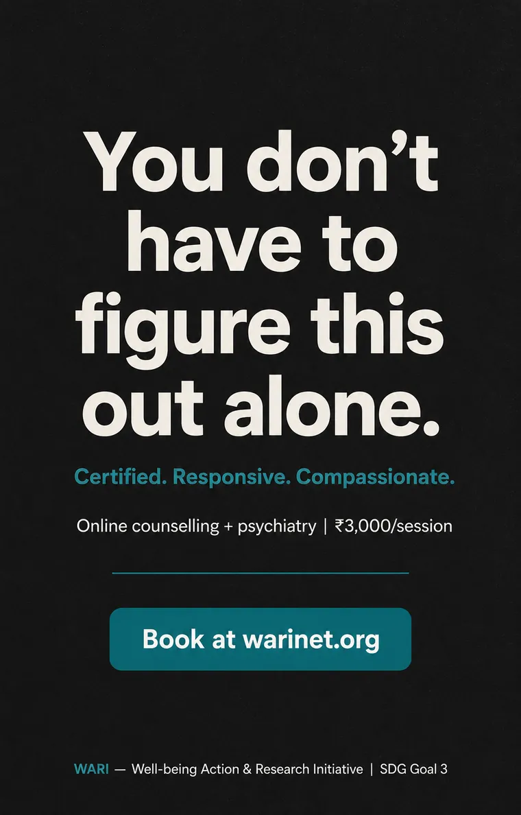 Dark-background WARI counselling ad titled You Don't Have to Figure This Out Alone