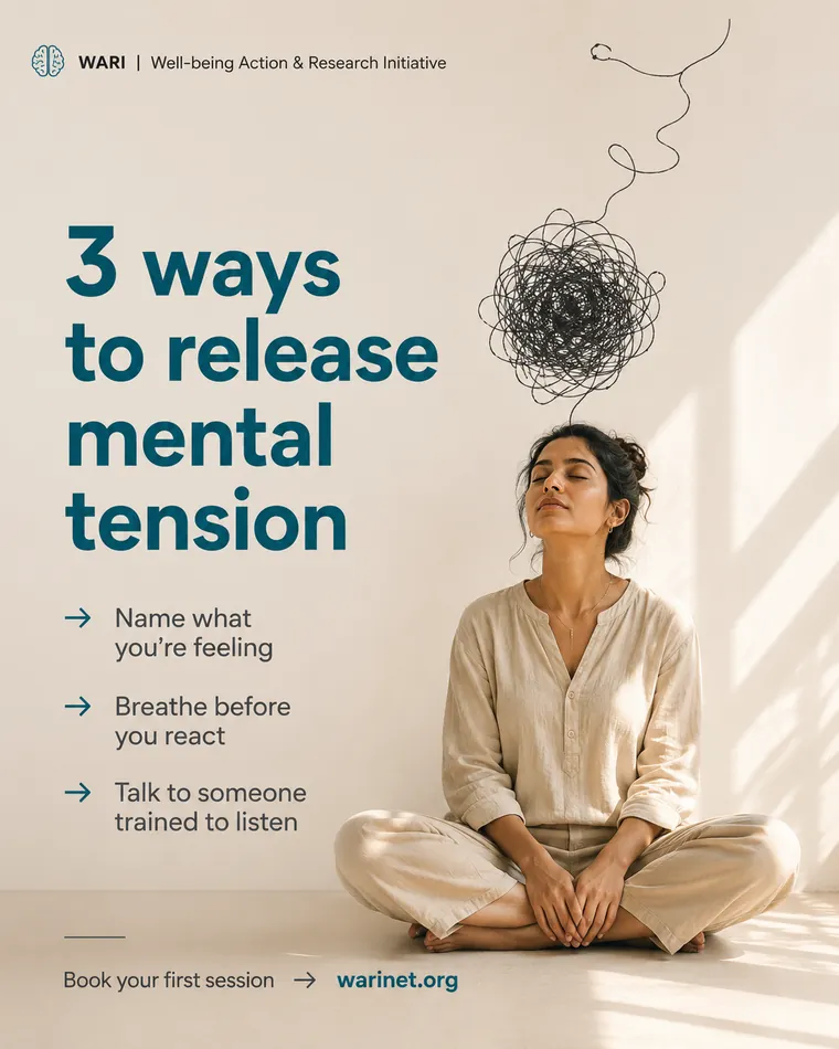 Educational wellness post titled 3 Ways to Release Mental Tension, for WARI