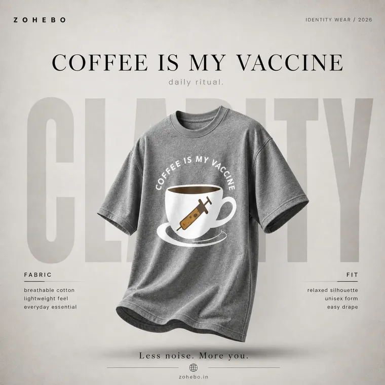 Zohebo apparel graphic tee design: Coffee Is My Vaccine