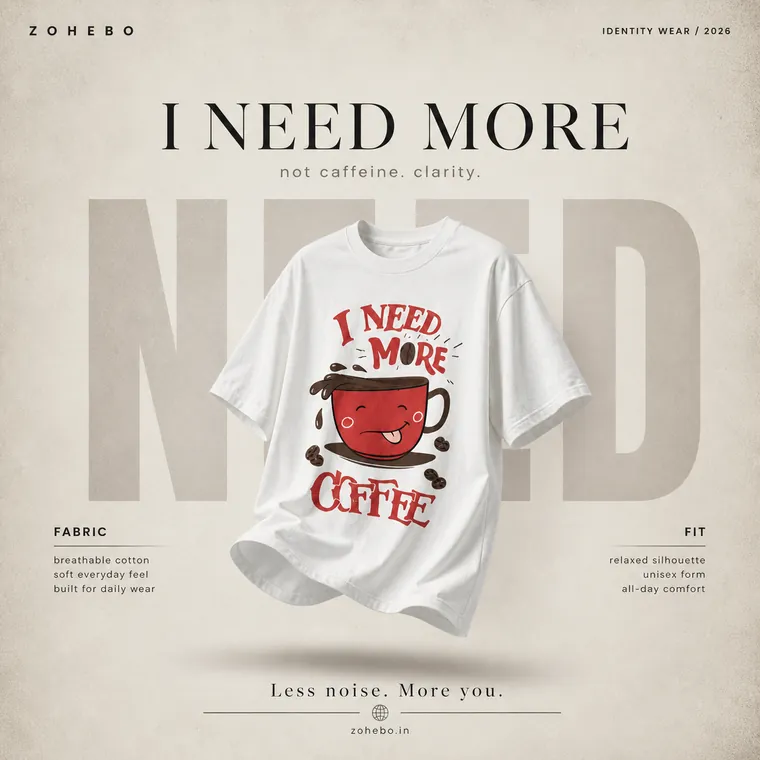 Zohebo apparel graphic tee design: I Need More Coffee